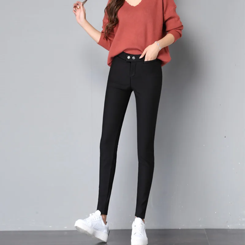 

Denim Pants Women Fashion Autumn Fall Button High Waist Zipper Fly Skinny Trousers Femme Female Casual Slim Elastic Black Pants