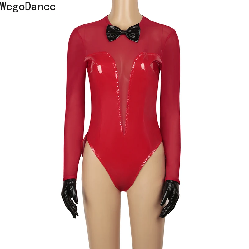 

Women Gogo Dance Team Clothes Perspective Bodysuit See through Pu leather Mesh performance costume long sleeve Leotard