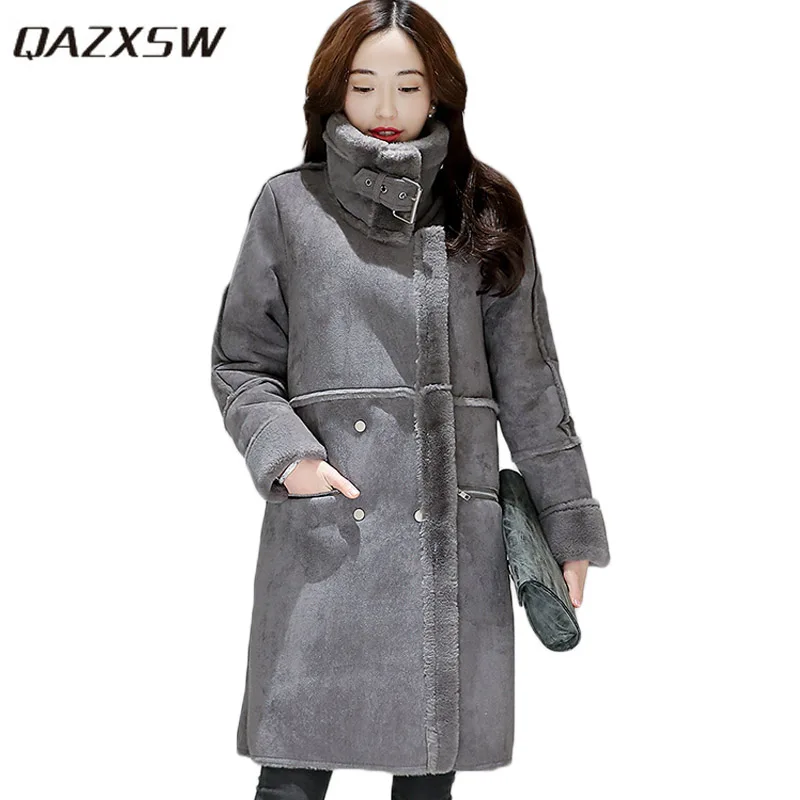 

QAZXSW 2019 New Winter Cotton Coat Women Long Parkas Thick Padded Velvet Lamb Slim Winter Jacket Warm Women Suede Jackets HB325