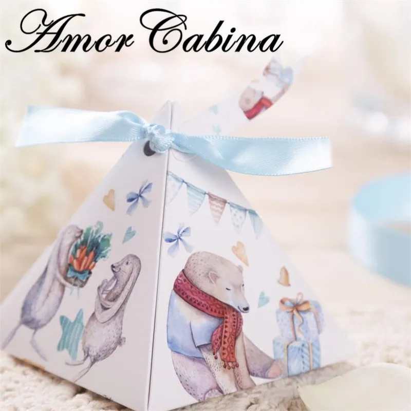 

100pcs Blue Bear Pyramid Wedding Candy Box Like Baby Shower Party Bomboniera Party Gift Box Chocolate Box Labels and Ribbons