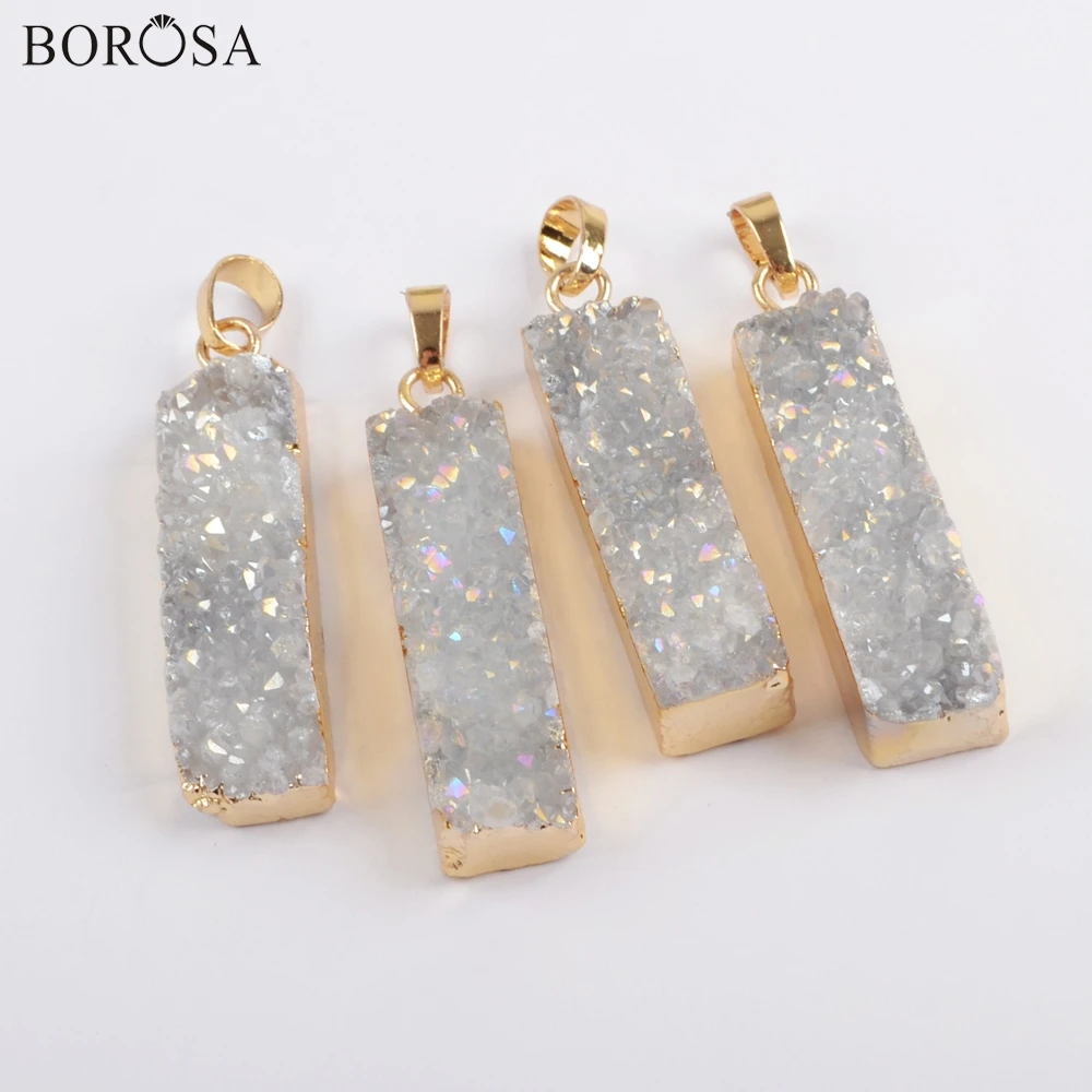 

BOROSA 10Pcs New Arrival Gold Color Rectangle Natural Crystal Titanium AB Druzy Pendant Beads for Necklace Jewelry G0500