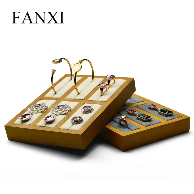 

FANXI Solid wood Cream-white&Dark gray 6 seats Bangle Display Props with Microfiber for Exhibition Jewellry Bangle&Ring Holder