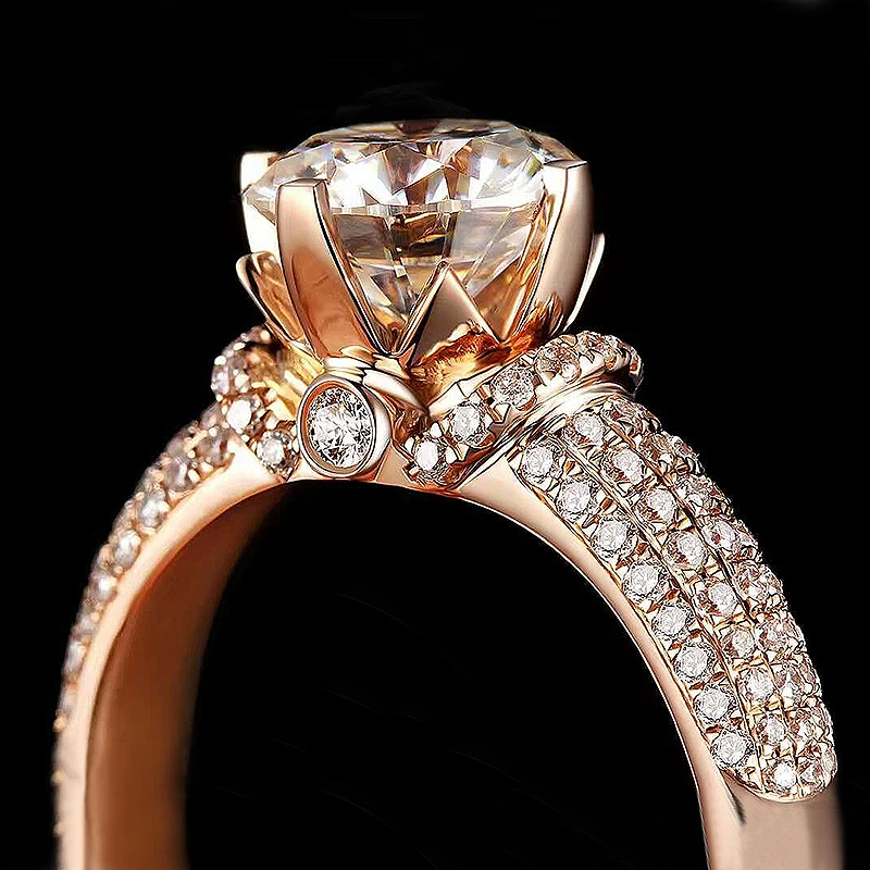 Solid 18K Yellow Gold Center 1CT Moissanite Round Cut Ring Side Stone Lab Grown Diamond Wedding For Jewelry Women | Украшения и