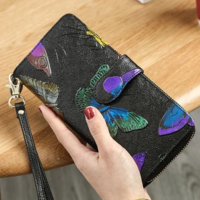 Butterfly Женский кошелек из натуральной кожи с рисунком Розы и цветочным узором, длинный женский клатч с застежкой, брендовый кошелек Carteras, Женский кошелек для телефона, для монет, для девушек - Цвет: Butterfly