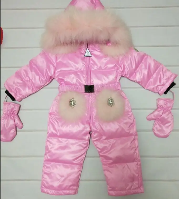 pink Г. Зимняя куртка с капюшоном и натуральным мехом детские куртки детский комбинезон зимний костюм для девочек с цветочным рисунком, Пуховый комбинезон, лыжные костюмы, верхняя одежда - Цвет: pink