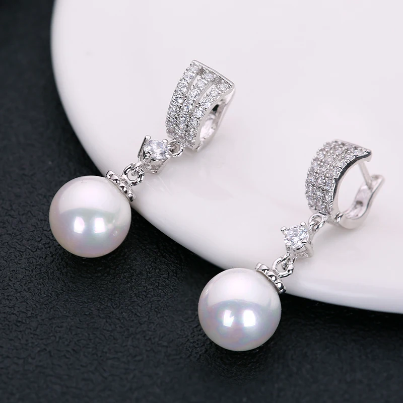 Великолепные,, белые, AAA, кубический цирконий, жемчуг, модные ювелирные изделия, 925 пробы, серебряные серьги-гвоздики HERE0050