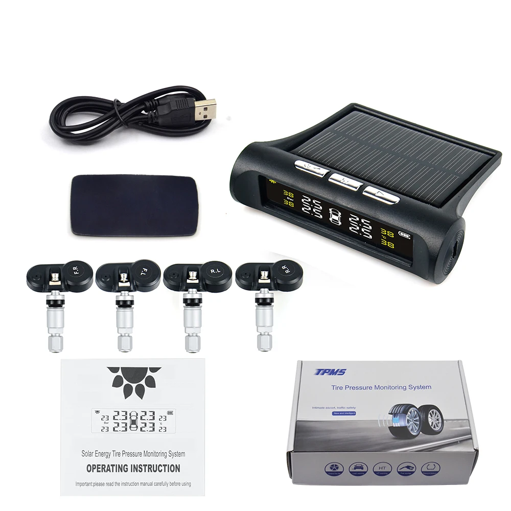 VSTM Солнечная энергия USB TPMS система контроля давления в автомобильных шинах lcd 4 внешних/внутренних датчика для внедорожПредупреждение о температуре
