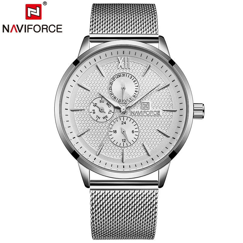 NAVIFORCE Брендовые мужские модные спортивные кварцевые наручные часы, мужские повседневные водонепроницаемые деловые часы с ремешком и стальным сетчатым ремешком, Relogio Masculino - Цвет: Silver White