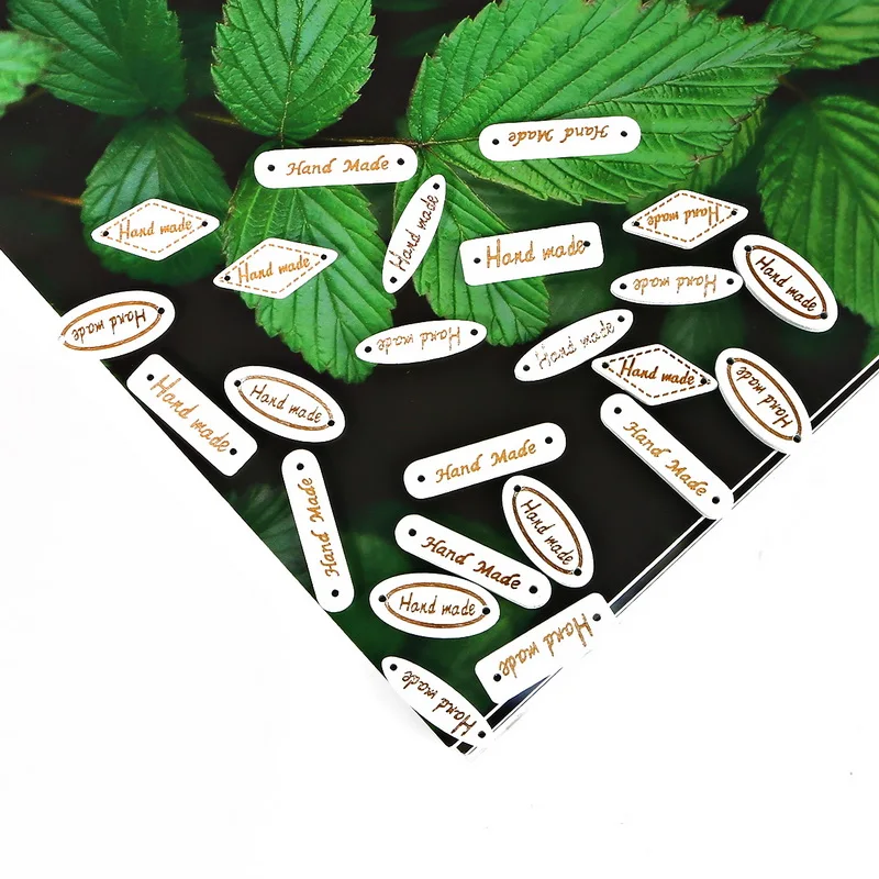 50/100pcs Handmade Oval Square Natural Wooden Button "Hand Made" Tags Applique for DIY Sewing Clothes Crafts Scrapbooking