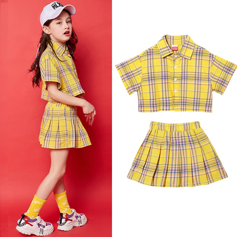 

Hip Hop Clothes Kids Dance Costumes Yellow Lattice Suit Children Street Dance Clothes T Stage Show Dance Wear Girls BL1390