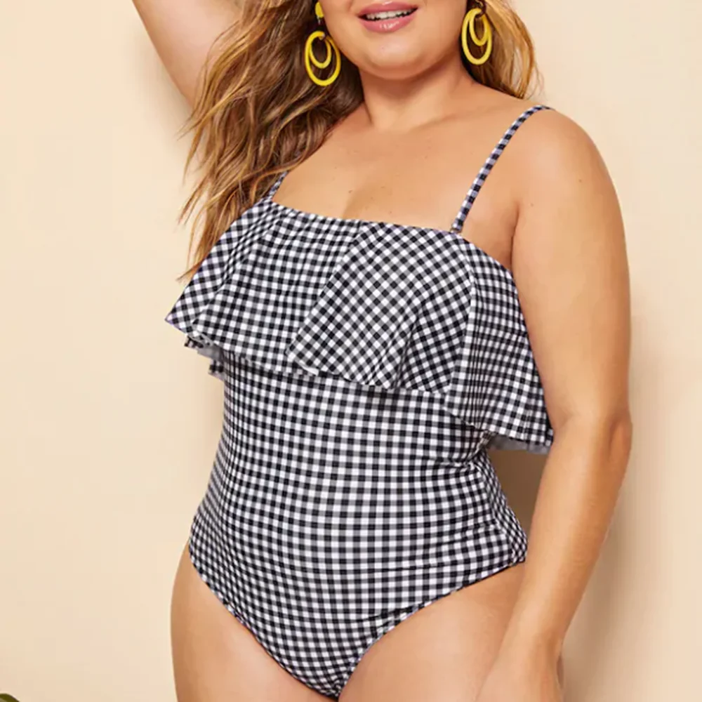 Женский цельный купальник размера плюс в клетку Ruflle с открытыми плечами монокини