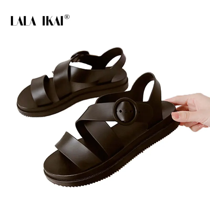 Black LALA IKAI/Босоножки; женская летняя повседневная обувь на танкетке; пляжная обувь на плоской подошве из искусственной кожи; женские нескользящие сандалии; Sandalias Mujer; 014A3793-4 - Цвет: Black