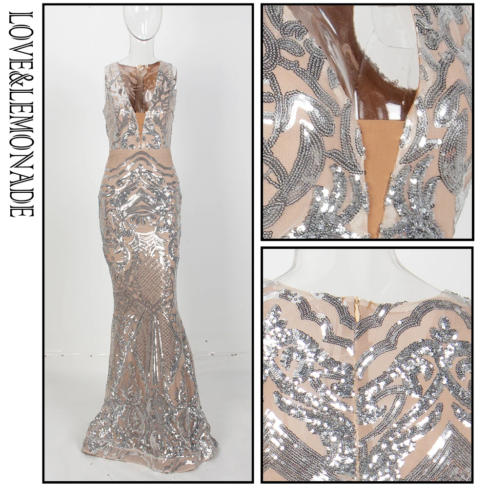 

LOVE&LEMONADE Deep V-Neck Geometric Sequins Mesh Lining Sleeveless Long Dress LM81336 SILVER