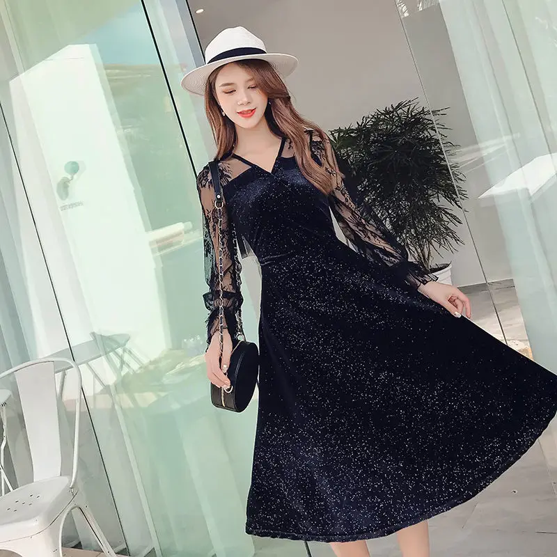 Korea Summer Dress 2019 Women Casual Velvet Patchwork Lace Mesh Flare Sleeve Sexy V-Neck Party Dresses Vestidos | Женская одежда