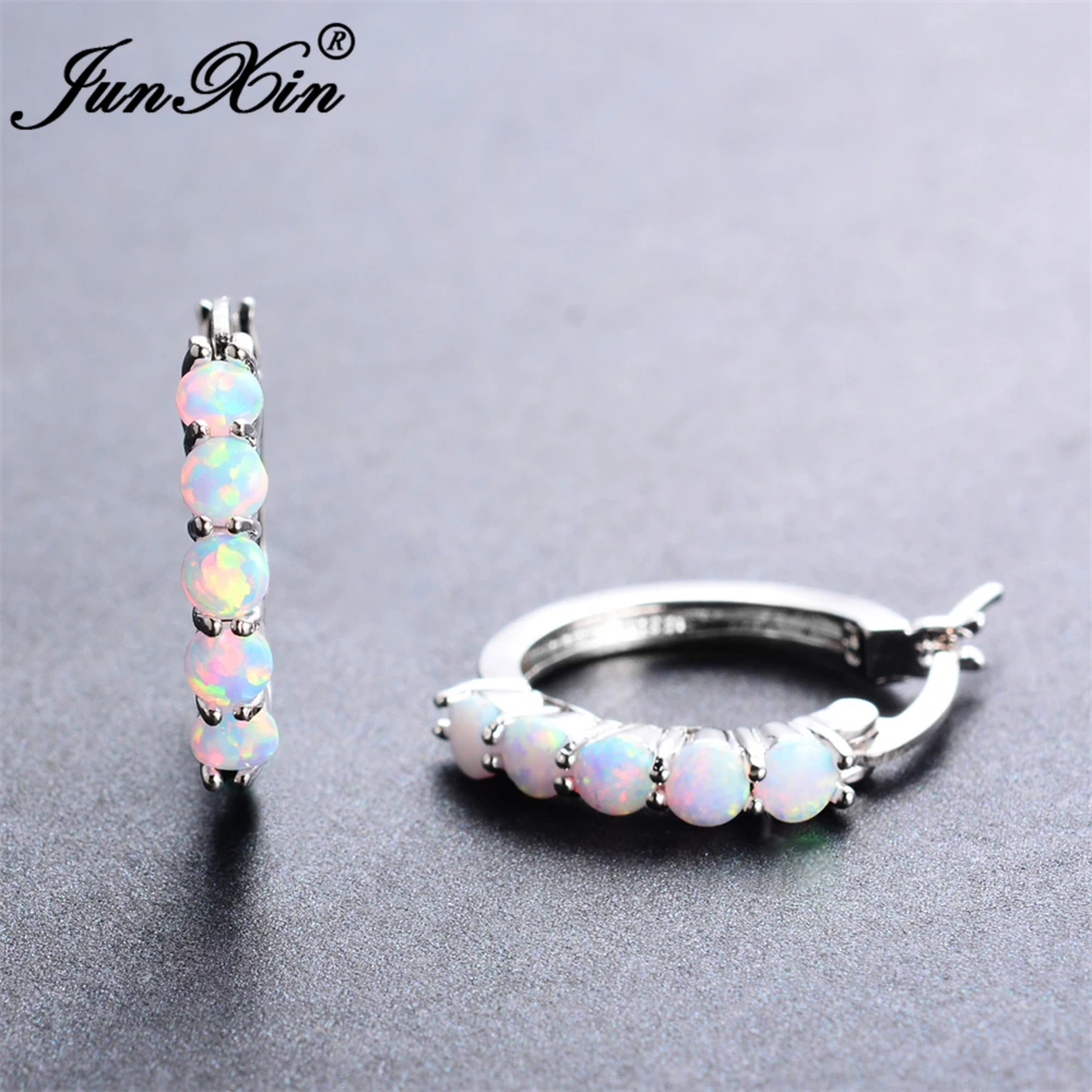 Женские серьги кольца JUNXIN с Белым Круглым огненным опалом серебряного цвета