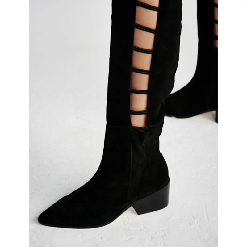 Модные летние черные замшевые длинные сапоги FSJ с острым носком на низком