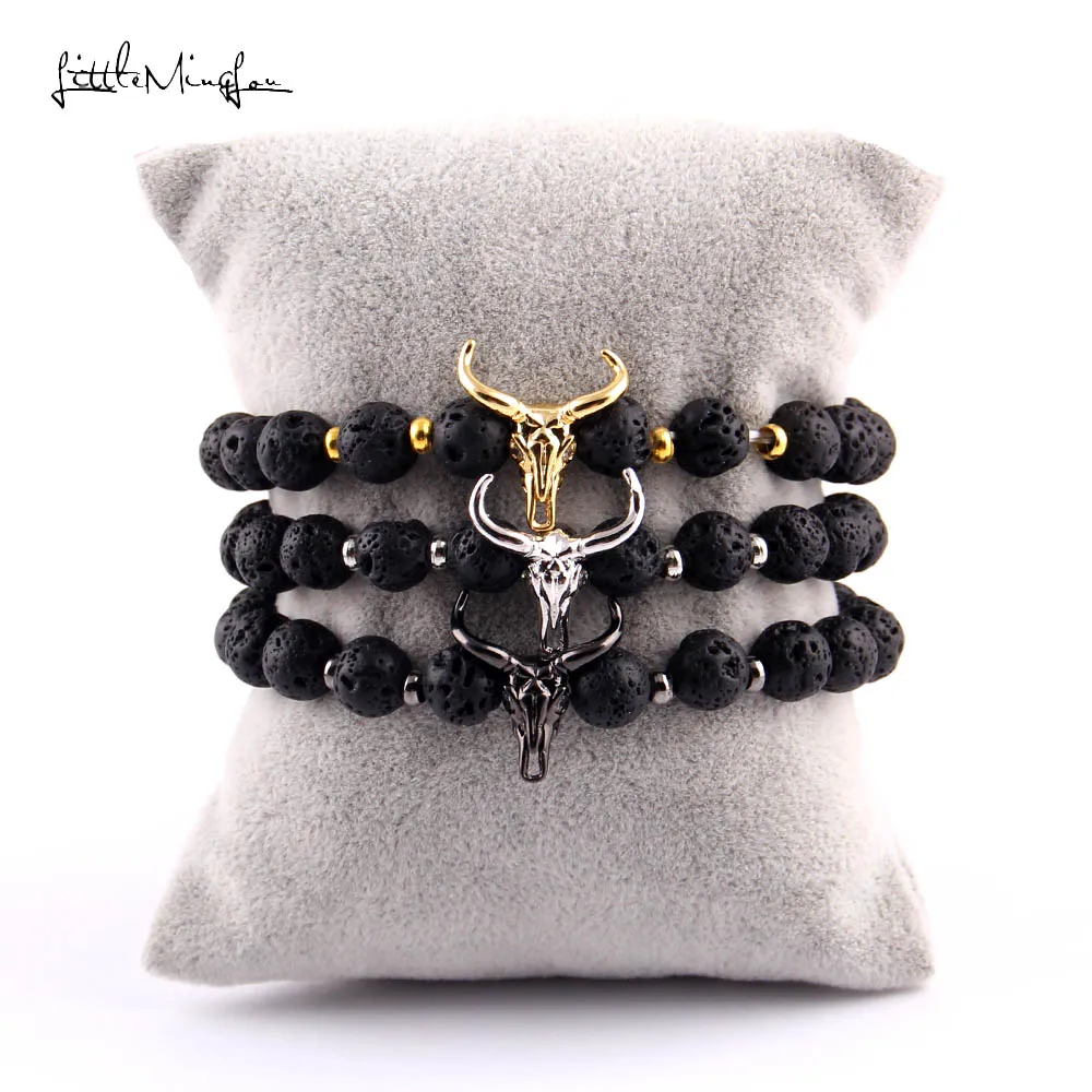 Маленький MingLou Панк CZ голова быка Шарм браслет 8 мм Лава камень Бусины мужские
