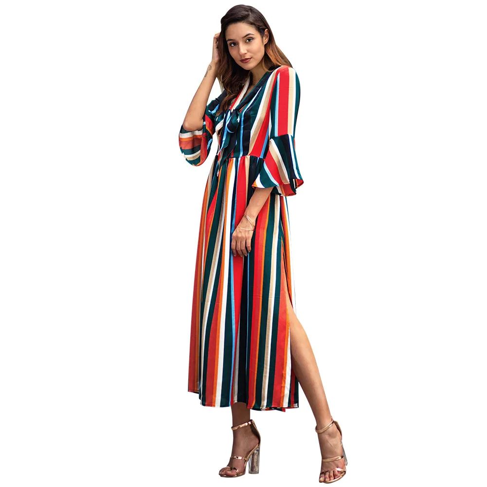 В Вертикальную Полоску Для женщин длинные Макси платья Цвет блока лук v образным