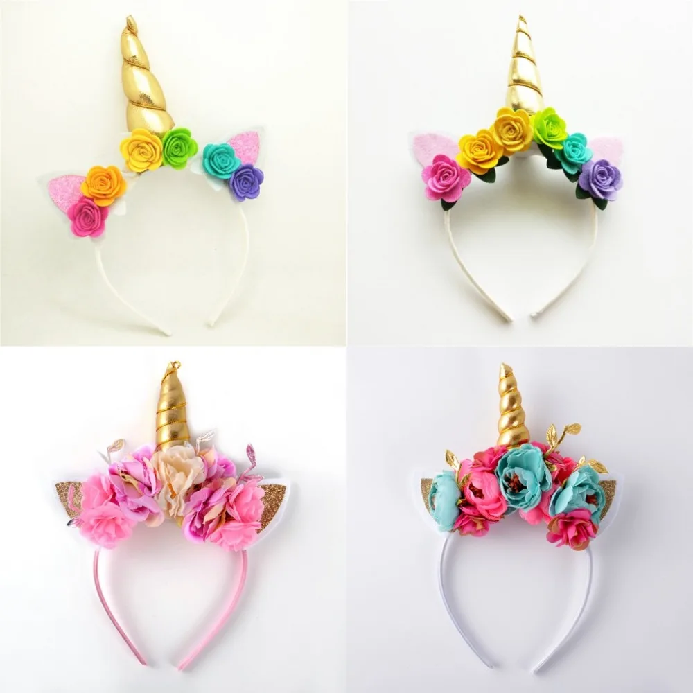 Повязка на голову с золотыми единорогами и ушками пони мягкая многоцветная