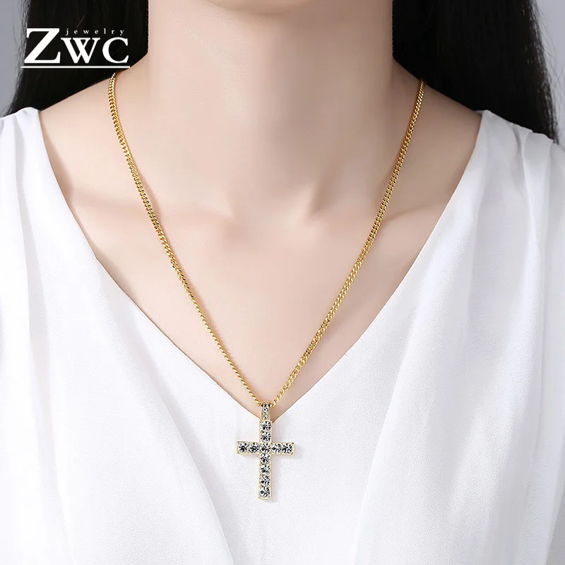 ZWC Модный классический кристалл инкрустация крест кулон ожерелье для женщин