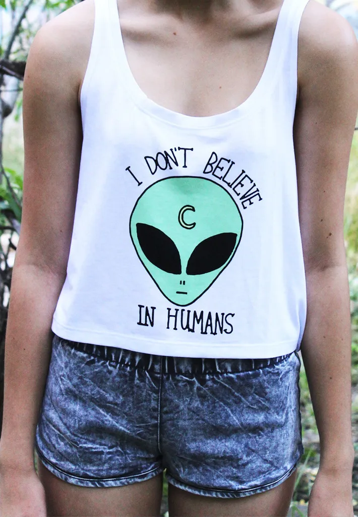 Dingtoll Горячие женские модные пришельцы печатные белые сексуальные короткие топы