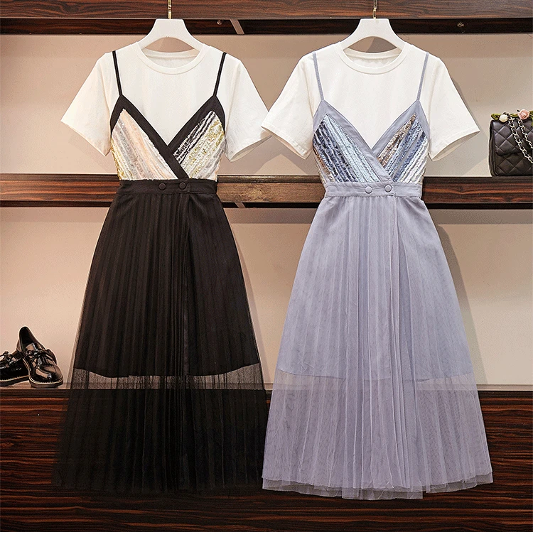 Summer Dress Two Piece Set Woman Mid Long T-Shirt+ Sling Sequins Patchwork Gauze Skirt Lady Girls Skirts Set Blue Black