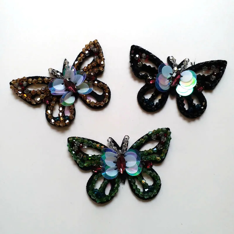 

1pc 3D butterfly Handmade rhinestone beaded Patches DIY sew on parches for clothes embroidery flower sequins appliques