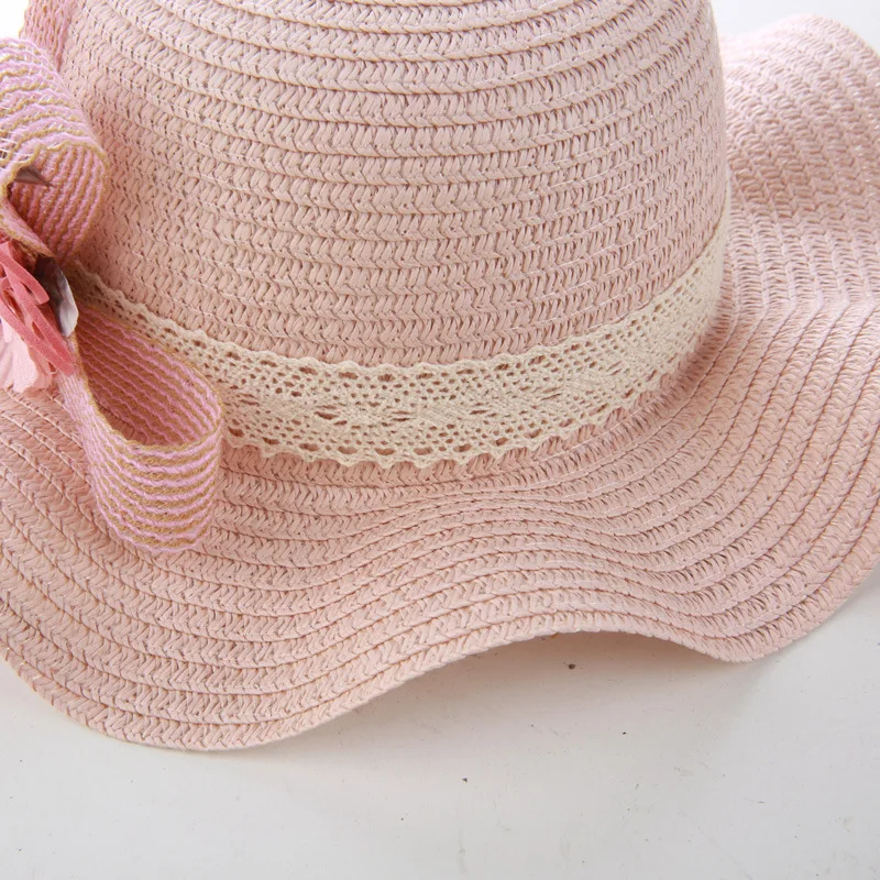 2019 baby girl hat summer bow straw solid color flowers outdoor cool Korean casual wave big along beach kids beanies | Детская одежда и