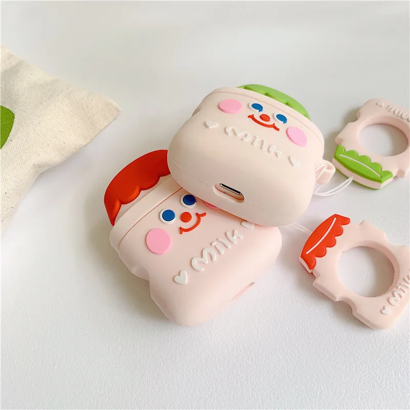 

3D Cute Cartoon Yakult Milk Earphone Case For AirPods Case For Apple Airpods Protect Cover For Earpods Earbuds Case Ring Strap