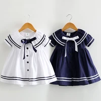 2021 summer 2 3 4 6 8 10t years children cute short sleeve botton bow sailor collar patchwork little kids navy blue girls dress