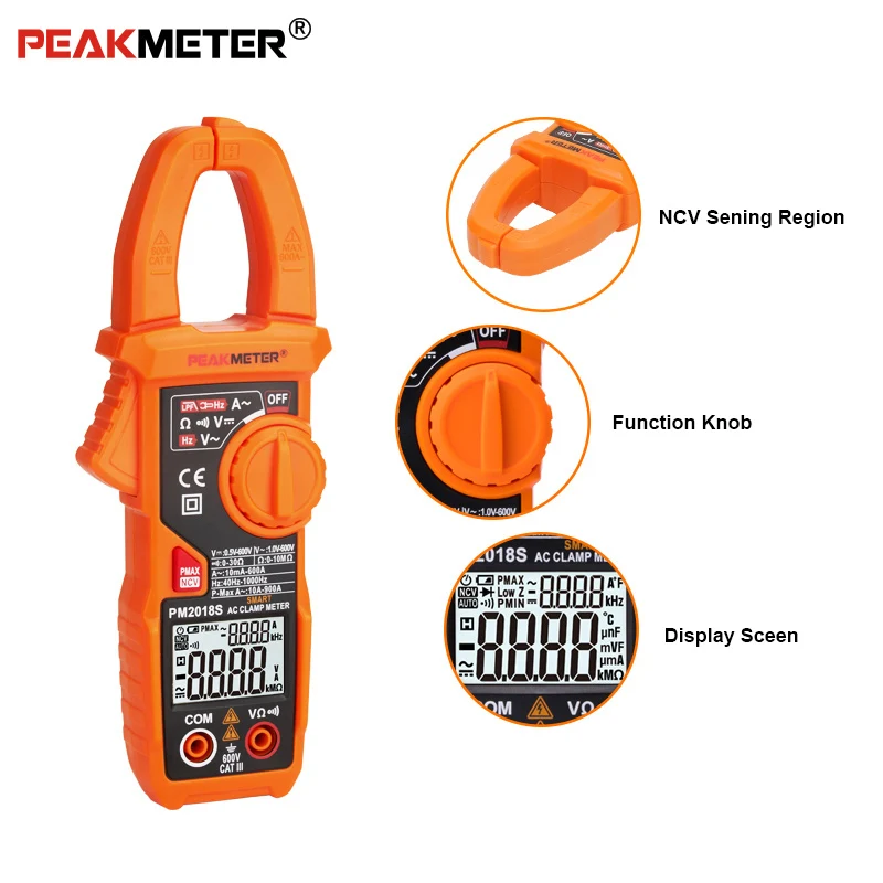 PEAKMETER PM2018S Портативный Смарт AC Цифровой клещи мультиметр переменного тока Сопротивление напряжения непрерывность измерения тестер
