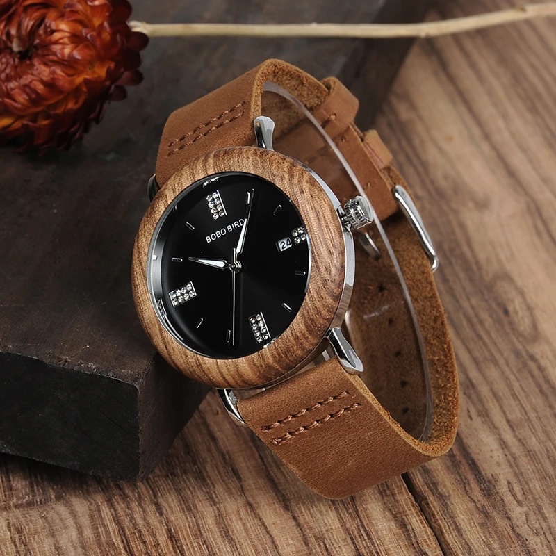 Часы BOBO BIRD с имитацией бриллианта кварцевые часы из нержавеющей стали кожаным