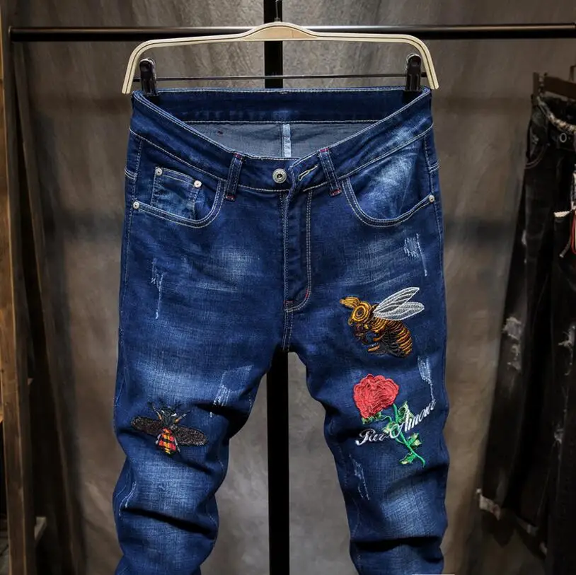 Джинсы мужские синие облегающие эластичные длинные с вышивкой|Мужские джинсы| |