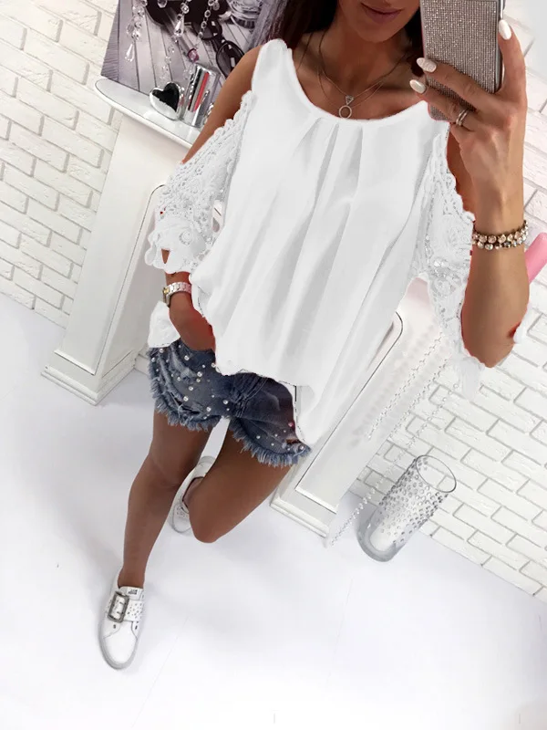Женская футболка с кружевными рукавами повседневный бандажный Топ в стиле