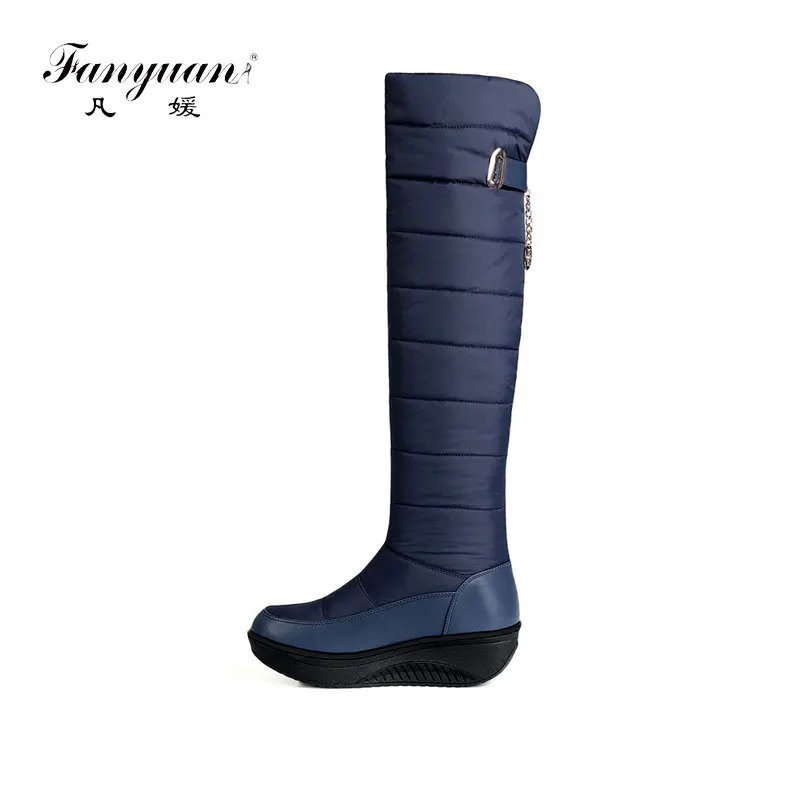 

fanyuanWomen Over The Knee Boots Wedge Med Heel Winter Shoes Women Zipper Blue Round Toe Ladies Snow Boots Size 35-44