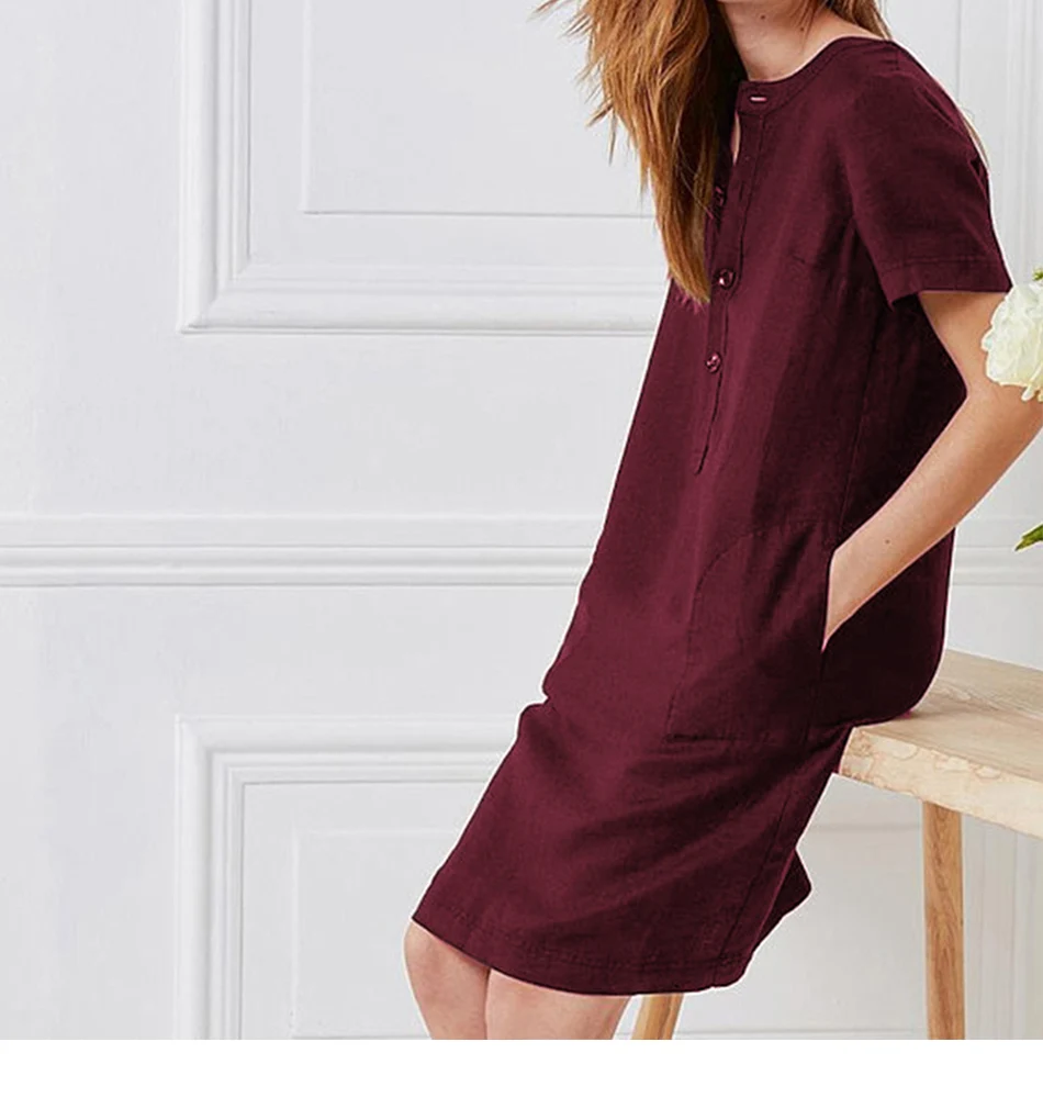5XL размера плюс повседневное свободное женское летнее платье, однотонное хлопковое льняное платье-рубашка с О-образным вырезом и коротким рукавом, офисное женское тонкое платье миди
