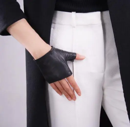 

Women's fashion natural sheepskin leather fingerless glove lady's genuine leather sexy black motorcycle glove R601