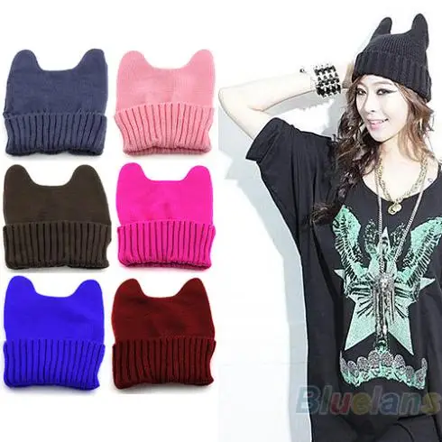 Модная мягкая Милая женская теплая зимняя вязаная шапка в форме кошачьих ушей