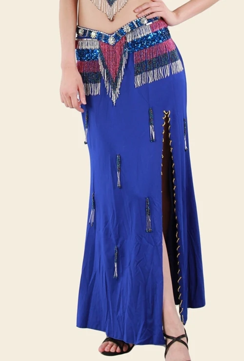 Royal blue Сексуальные длинные тонкие юбки для танца живота с разрезом по бокам и эластичной талией с подвеской из бисера для танца живота - Цвет: Royal blue