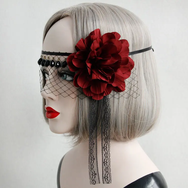 Retro Gothic Black Lace Veil Eye Mask Flower Half Face Cover Ear Masquerade Party Dance Club Halloween Scary Cosplay Costume |