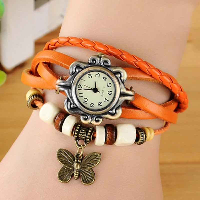 Высокое качество relogio женщины натуральная кожа винтаж часы браслет наручные лист