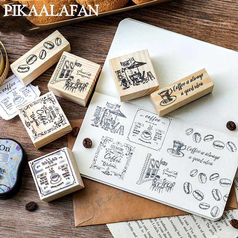 PIKAALAFAN Open A Coffee Shop Series Boxes Wood Stamp Scrapbook DIY Photo Album Card Decoration Craft Wooden Rubber Toy | Игрушки и