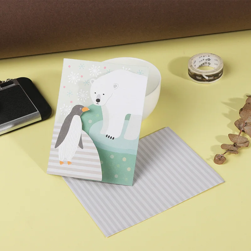 Polar bear x12pcs Приглашения в три раза с изображением животных с конвертом медведь Жираф Фламинго пригласительные карты для детей день рождения принадлежности Спасибо карты - Цвет: Polar bear x12pcs