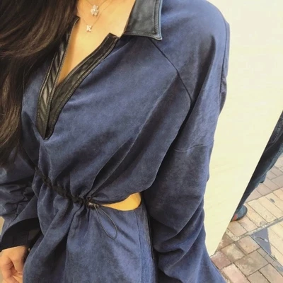 Женское ажурное платье с v образным вырезом на талии осеннее длинным рукавом и