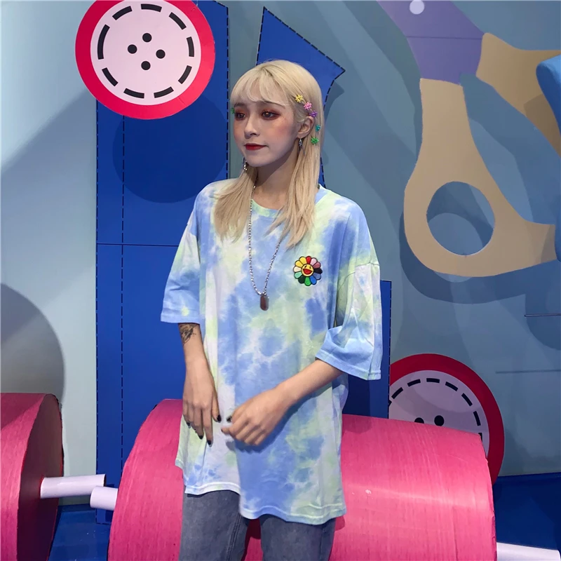 Модная футболка женская летняя одежда корейский стиль Ulzzang Harajuku Цветочные Emboridery галстук окрашенная Футболка женская Повседневная рубашка Топ