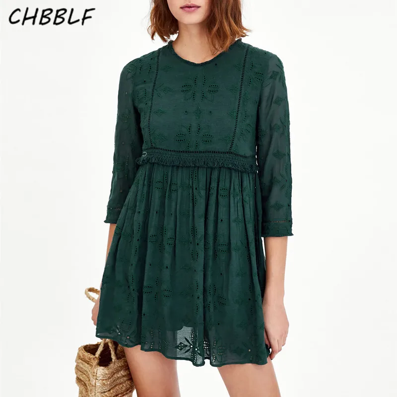 CHBBLF retro pleated dress three quarter sleeve female embroidery mini green dresses vestidos XDN9232 | Женская одежда