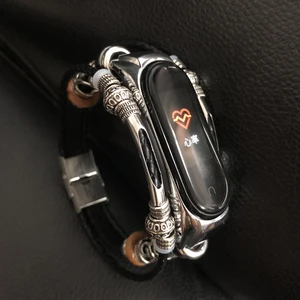 Ремешок для Xiaomi Mi Band 5, 4, из натуральной кожи, металлический корпус