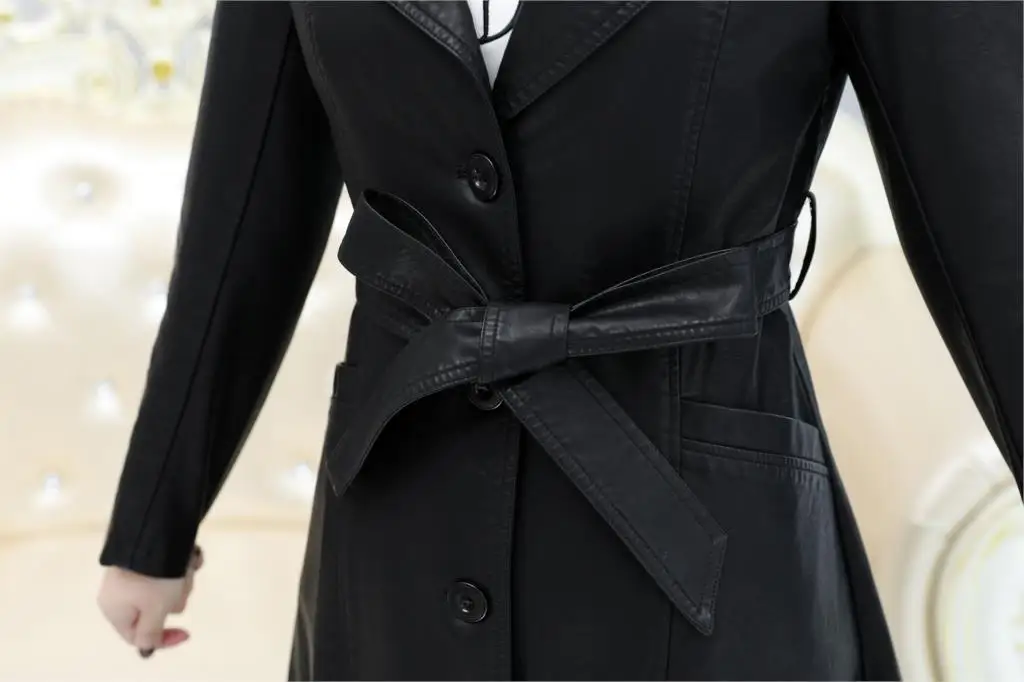 Модная X-long куртка из искусственной кожи для женщин зима осень размера плюс из искусственной кожи пальто для женщин однобортный Тренч с поясом Верхняя одежда