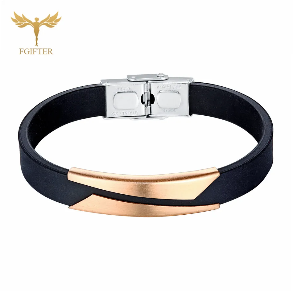 Bracelets Bangles Изготовленный на заказ черный силиконовый браслет с золотым и серебряным аксессуарами из нержавеющей стали мужские и женские браслеты-манжеты браслеты ювелирные изделия - Окраска металла: Bracelets Bangles