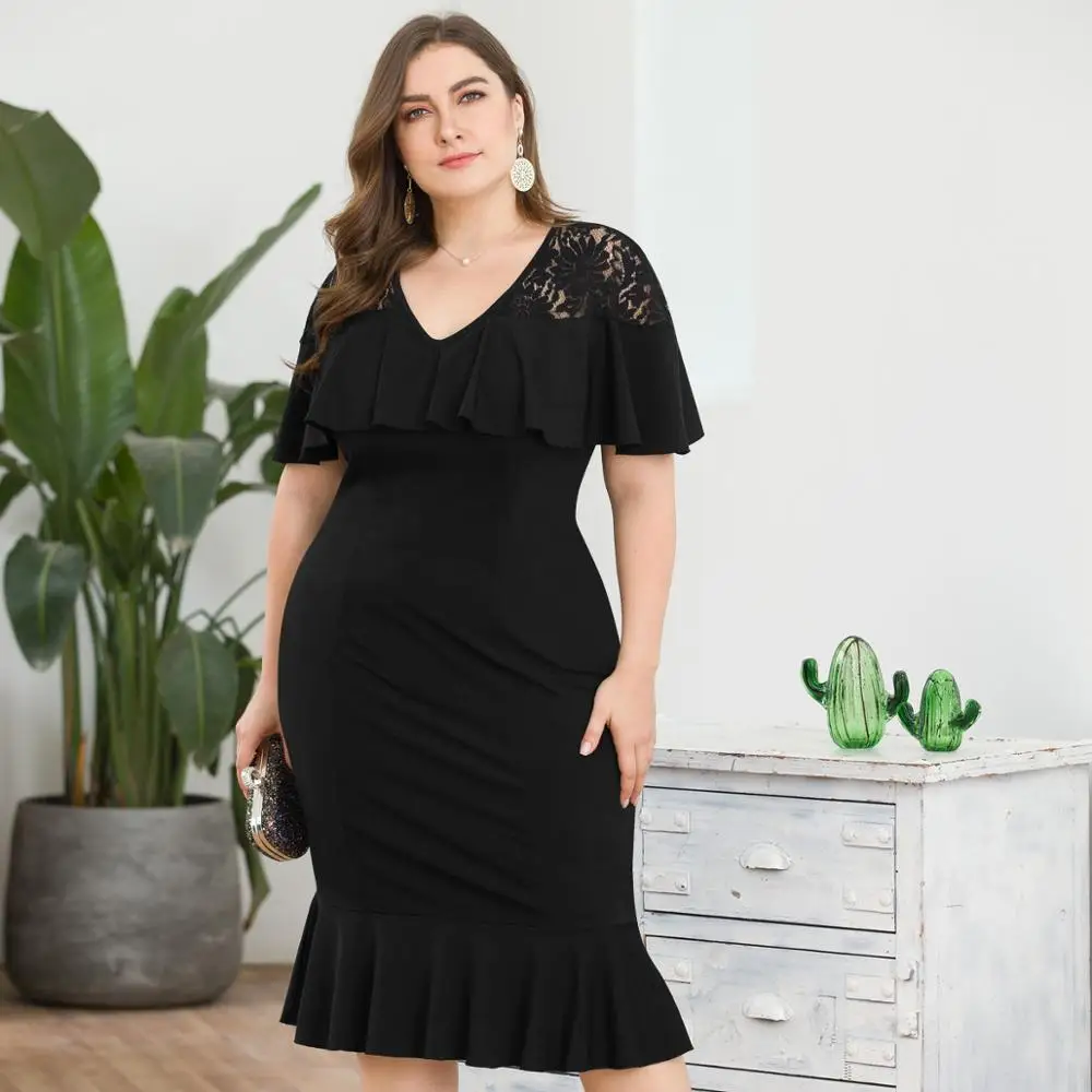 WHZHM/Большие размеры 3XL 4XL черное кружевное платье в стиле пэчворк женское с